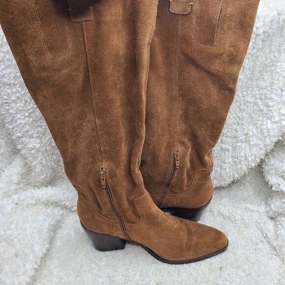 27 Edit Bellamy Tan Suede Leather Slouchy Knee High Western Inspired Boots sz 9W - Picture 6 of 13